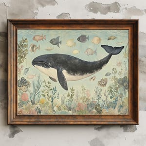 Lámina artística de ballenas y vida marina / Decoración costera oceánica (descarga digital) imagen 7