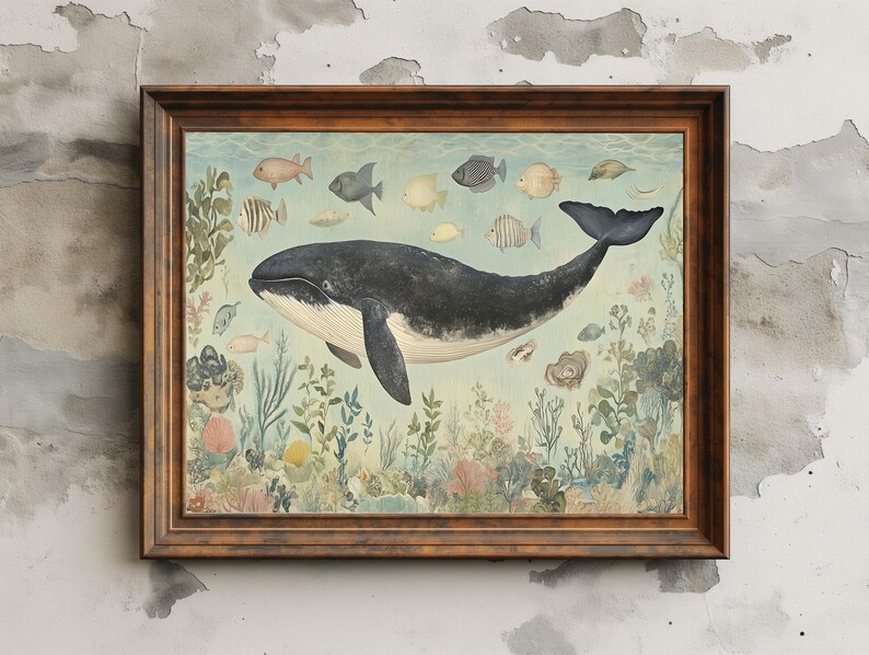 Lámina artística de ballenas y vida marina / Decoración costera oceánica (descarga digital) imagen 7