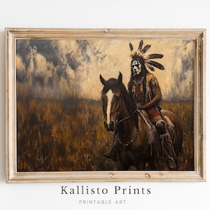 May include: A painting of a Native American man on horseback, wearing a feathered headdress and traditional clothing. The background is a landscape with a cloudy sky.