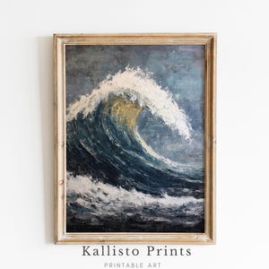 Stampa murale con onde oceaniche testurizzate - Stampa costiera blu malinconica, dipinto astratto con onde marine, poster con pennellate di oceano profondo, download immediato 1263