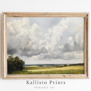 Moody Cloudy Sky Landscape Print, Countryside Wall Art, Minimalist Nature Painting, Stormy Sky Digital Download 1130