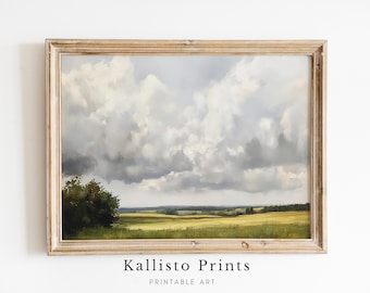Moody Cloudy Sky Landscape Print, Farmhouse Nature Painting (Digital Download)