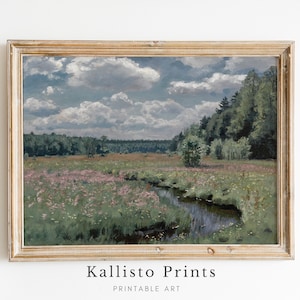 Vintage Meadow Landscape Art Print | Pastoral Field with Flowers and Stream | Country Nature Decor | Rustic Scenic Wall Art,AST10