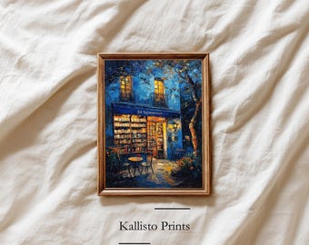Parisian Bookstore Art Print – Cozy Book Café Night Scene (Digital Download)