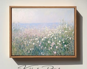 Impressionistiskt konsttryck med vildblommande äng, pastellblommigt landskap (digital nedladdning)