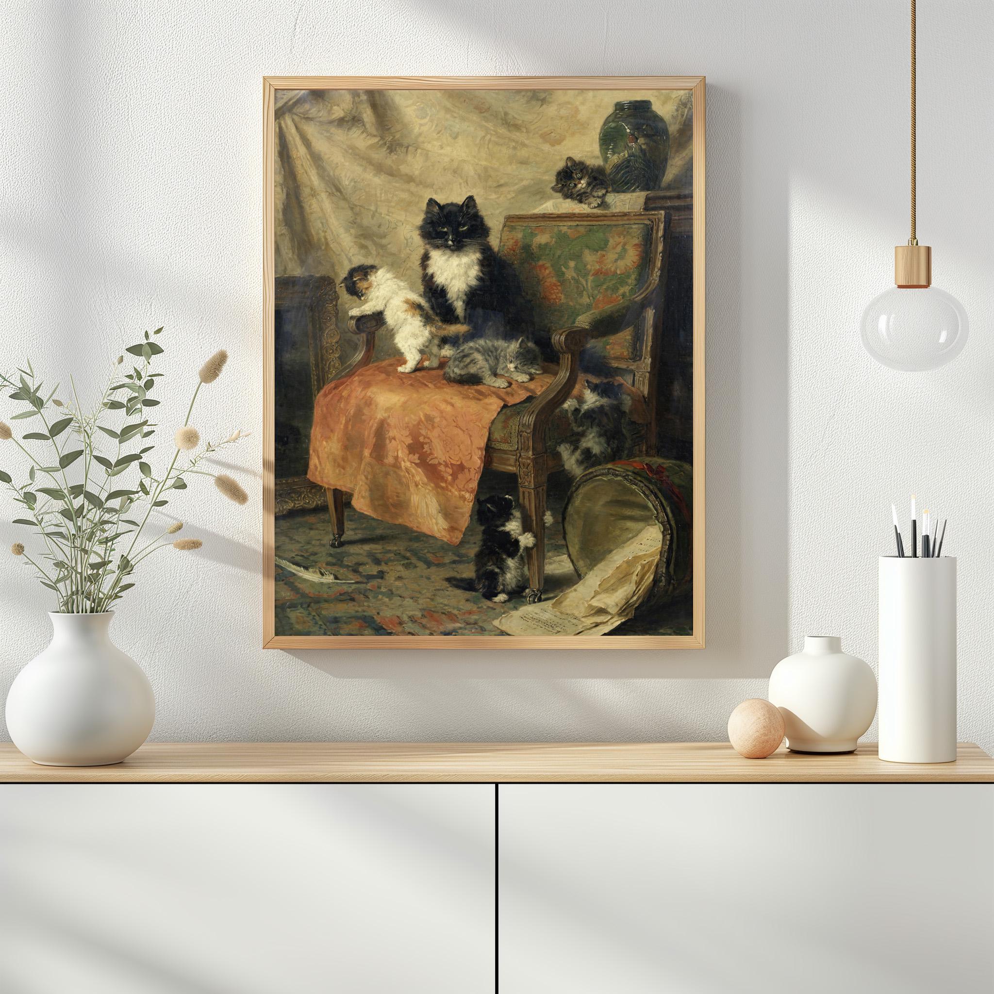 絵画。壁掛け原画【素敵なピアノ曲と椅子の上で寝たい猫】 ヴィンテージチェアの上の遊び心のある子猫のアート | 素朴な猫の