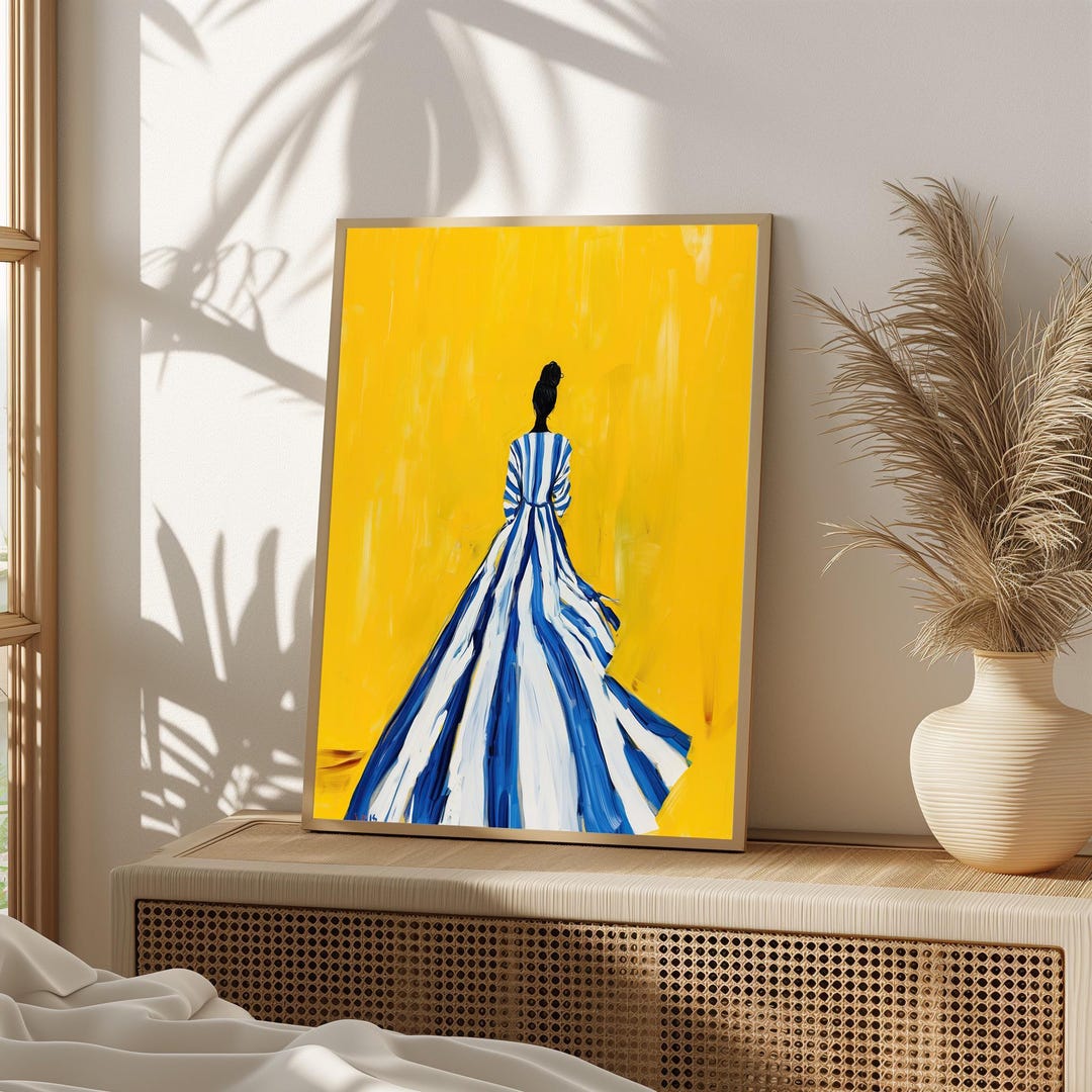 Modern Minimalist Woman Art Print - Bold Yellow Wall Art | Blue Striped ...