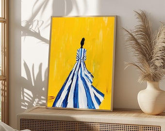 Woman in Striped Dress Art Print – Minimalist Yellow Wall Decor (Digital Download)