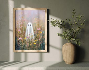 Ghost in Wildflowers Print – Dreamy Pastel Halloween Decor (Digital Download)