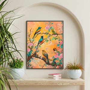 May include: A painting of five colorful birds perched on branches of a flowering tree. The birds are blue, green, yellow, and orange. The background is a soft orange color with pink flowers.