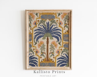 Vintage Botanical Palm Tree Print – Blue and Gold Tropical Wall Art (Digital Download)