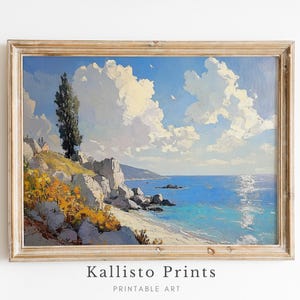 Mediterranean Coastal Landscape Art Print, Sunny Seaside Painting, Beach Cliff Artwork, Nautical Wall Decor, Ocean Travel Gift 1140