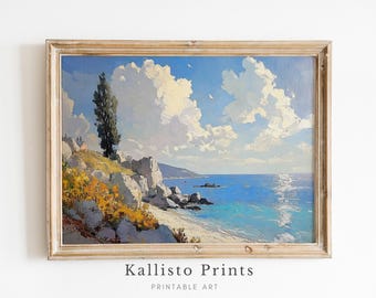 Impresión de paisaje costero mediterráneo, pintura de acantilado junto al mar (descarga digital)