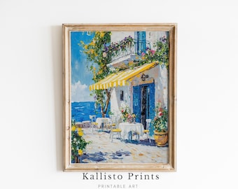 Mediterranean Cafe Art Print, Coastal Seaside Patio, Greece Travel (Digital Download)