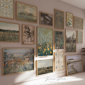 Set of 17 Spring Gallery  Vintage Botanical Printable Wall Art, Gallery Wall Decor,  Vintage Muted Green Neutral Tone Prints