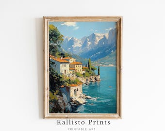 Mediterranean Coastal Village Wall Art - Scenic Digital Print - Seaside Nature Décor/688
