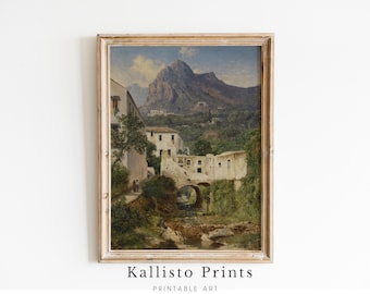 Mediterranean Village Art Print, Italian Countryside Landscape (Digital Download)