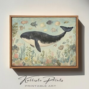 Lámina artística de ballenas y vida marina / Decoración costera oceánica (descarga digital) imagen 5