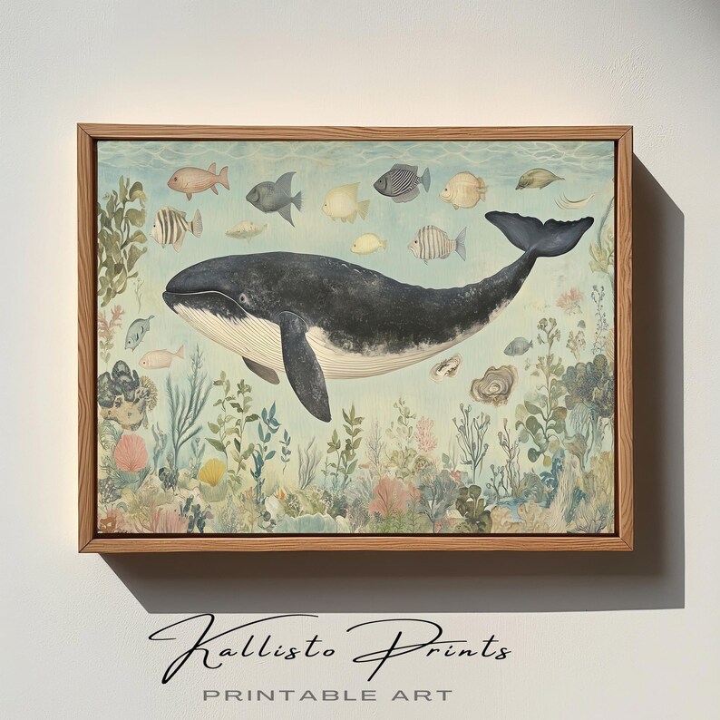 Lámina artística de ballenas y vida marina / Decoración costera oceánica (descarga digital) imagen 5