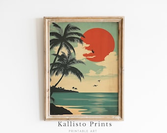 Vintage Tropical Sunset Print, Retro Palm Tree Art (Digital Download)