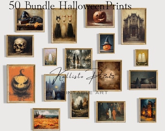 May include: A collection of 50 Halloween prints featuring various dark and festive imagery including pumpkins, ghosts, cats, skulls, and haunted houses in gold frames. The text 50 Bundle Halloween Prints and Kallisto Prints Printable Art is visible.