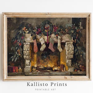 Vintage Christmas Fireplace Art Print, Stockings and Garland Holiday Decor, Cozy Winter Mantle Scene, Digital Download