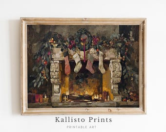 Vintage Christmas Fireplace Art Print, Holiday Stockings Decor (Digital Download)