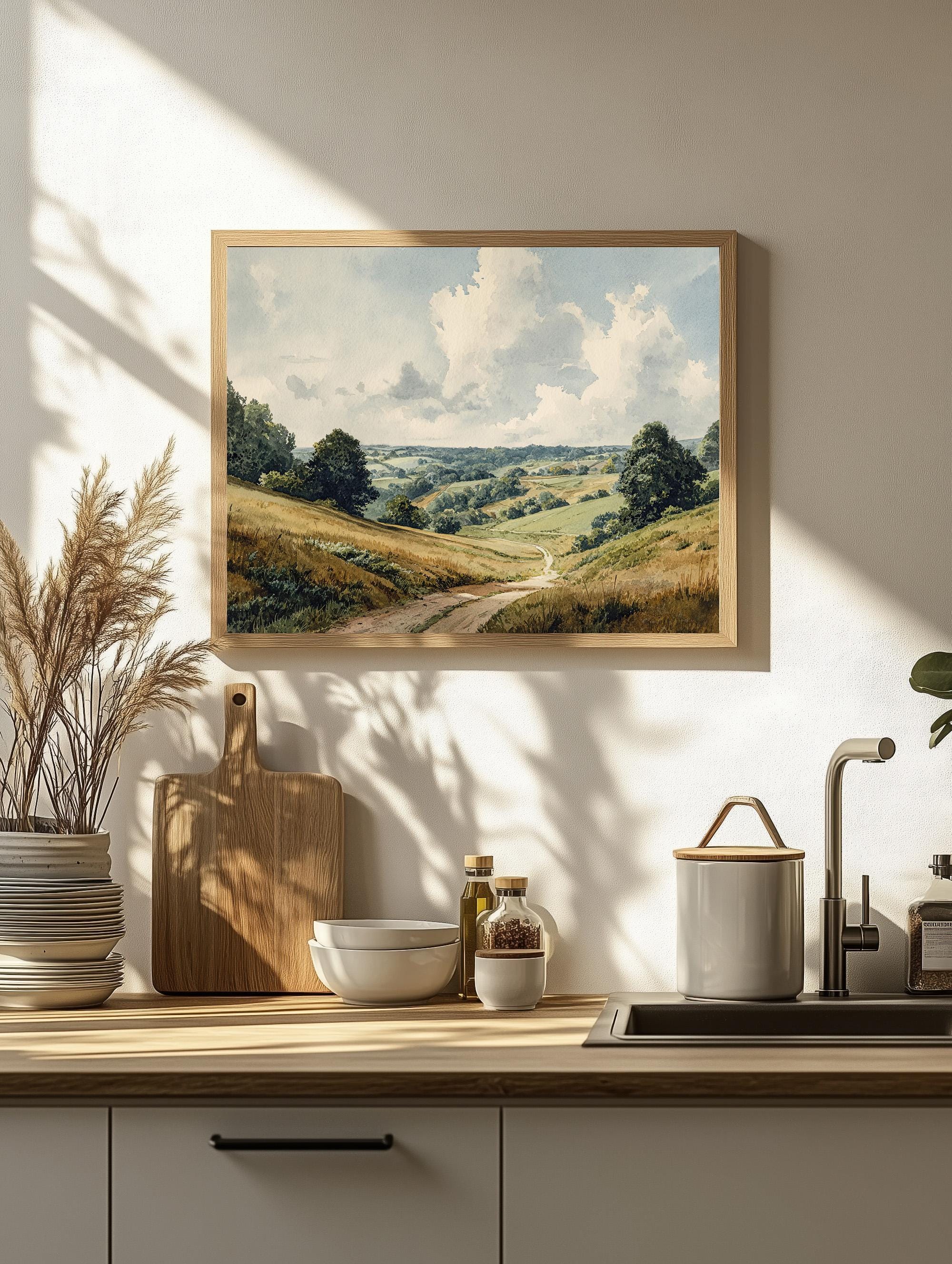 なだらかな丘陵の風景画 - 田園風景の水彩画（デジタルダウンロード