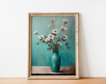 ティール色の花瓶に入った白い花のアートプリント、ボタニカルな壁飾り