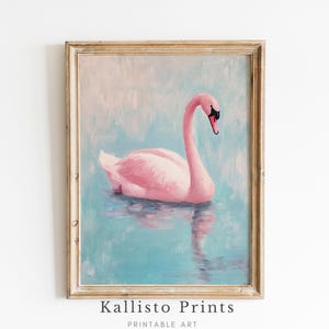 Dipinto ad olio cigno rosa / Elegante arte murale pastello / Download digitale in stile acquerello / Arredamento moderno per la cameretta dei bambini / Stampa natura serena / 575