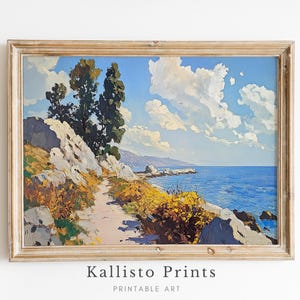 Mediterranean Coastal Landscape Print, Ocean Cliffside Painting, Beach Path Artwork, Nautical Wall Decor, Seaside Travel Home Gift 1139