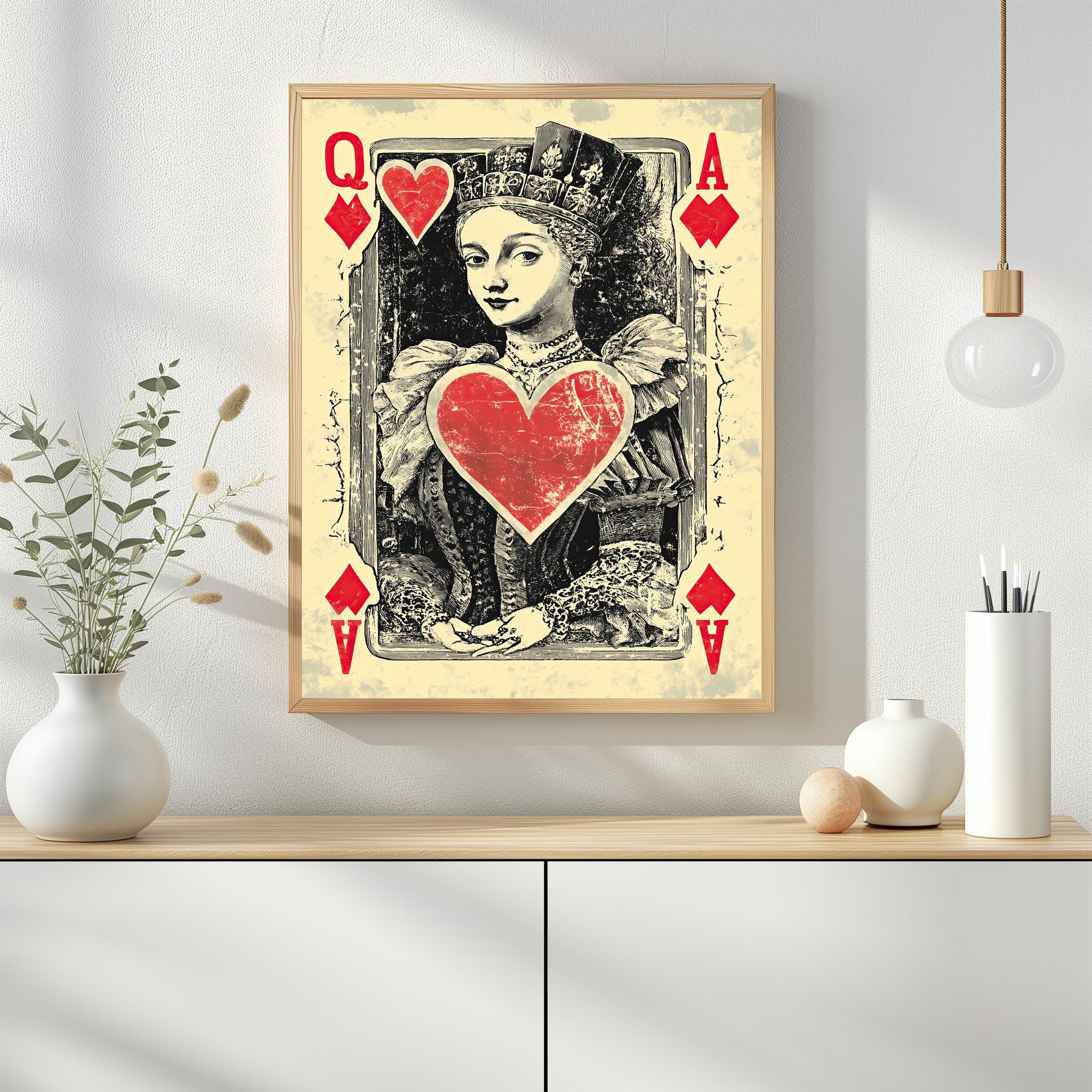 Queen of Hearts Playing Card Art | Vintage Gothic Wall Art