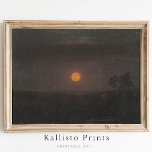 Impresión de paisaje vintage de luna llena / Arte mural de cielo nocturno oscuro / Escena nocturna misteriosa / Decoración de naturaleza melancólica, AST4