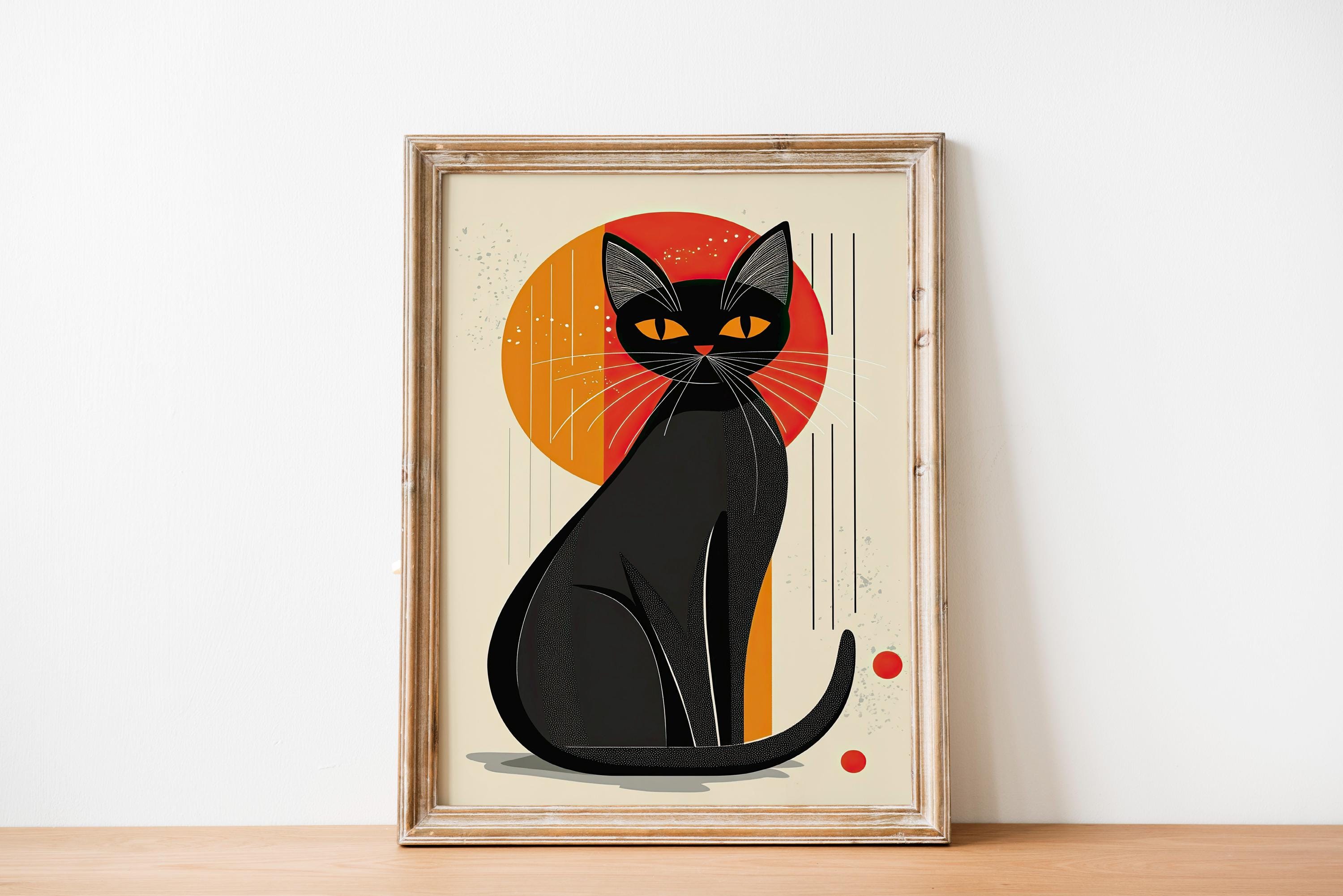Mid Century Modern Black Cat Art Print, Retro Minimalist Decor (digital ...