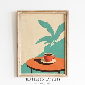 May include: A framed print of a stylized illustration of a cup of coffee on a table with a teal and beige background. The cup is red and the table is orange. The background features a stylized green leaf.