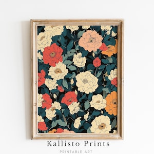 Vintage Floral Wall Art Print, Botanical Peony Illustration, Dark Flower Pattern Art, Cottagecore Decor, Digital Download Art/395