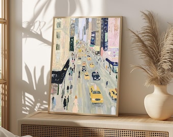 NYC Times Square Art Print, Impressionist Yellow Taxi Painting (Digital Download)