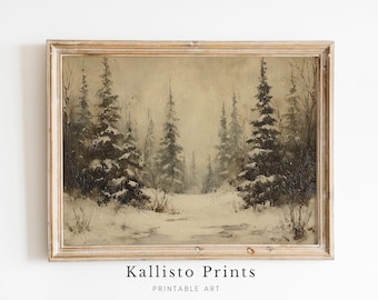 Puede incluir: Pintura vintage enmarcada de un paisaje invernal. La obra representa árboles de hoja perenne cubiertos de nieve en un bosque, con un camino que conduce a la distancia. La paleta de colores es apagada, con tonos de marrón, gris y blanco. El texto "Kallisto Prints Printable Art" está en la parte inferior.