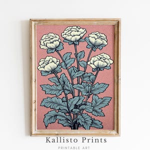 May include: A framed print of a botanical illustration featuring a bouquet of white flowers with green leaves on a pink background. The print is titled "Kallisto Prints" with the text "Printable Art" below.