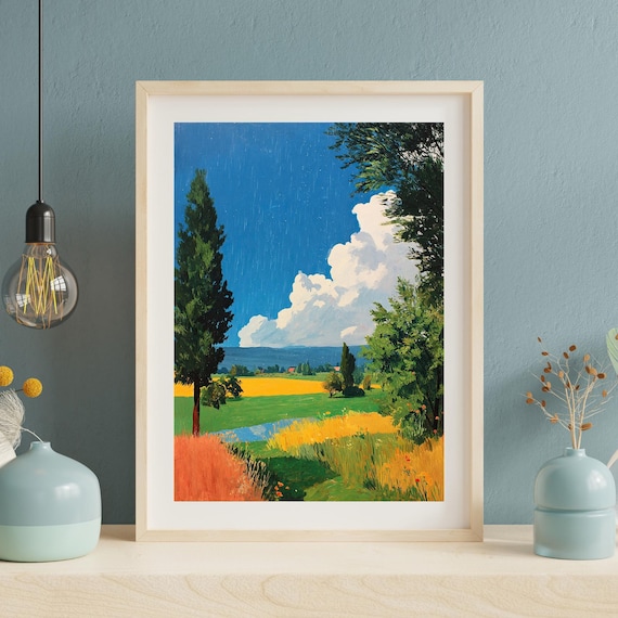 黄色の野原の風景画 – ファームハウスキッチンの壁アート（デジタル