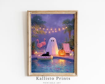 Halloween Pool Party Print – Spooky Ghost, Black Cat, Tropical Decor (Digital Download)