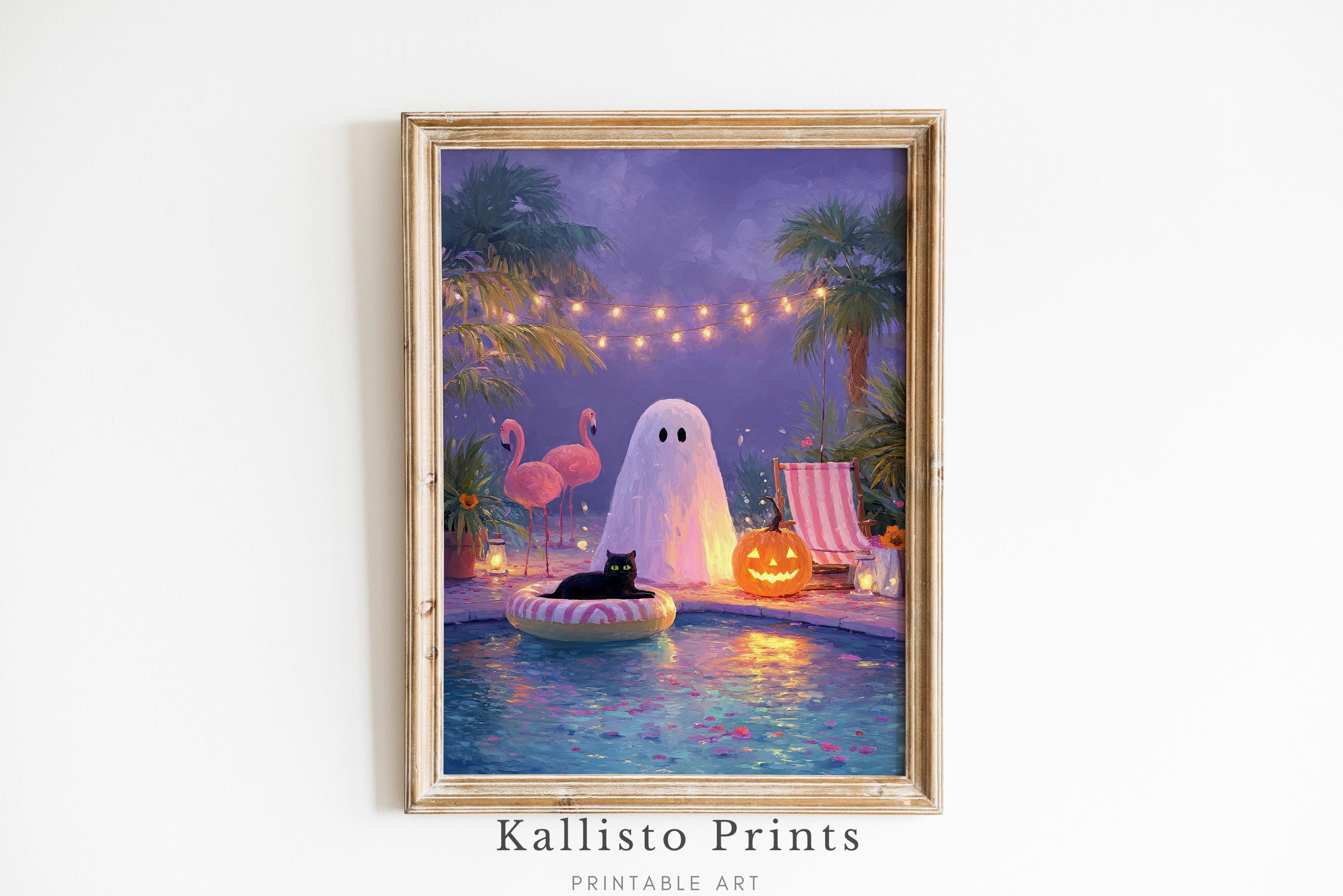 Halloween Pool Party Print – Spooky Ghost, Black Cat, Tropical