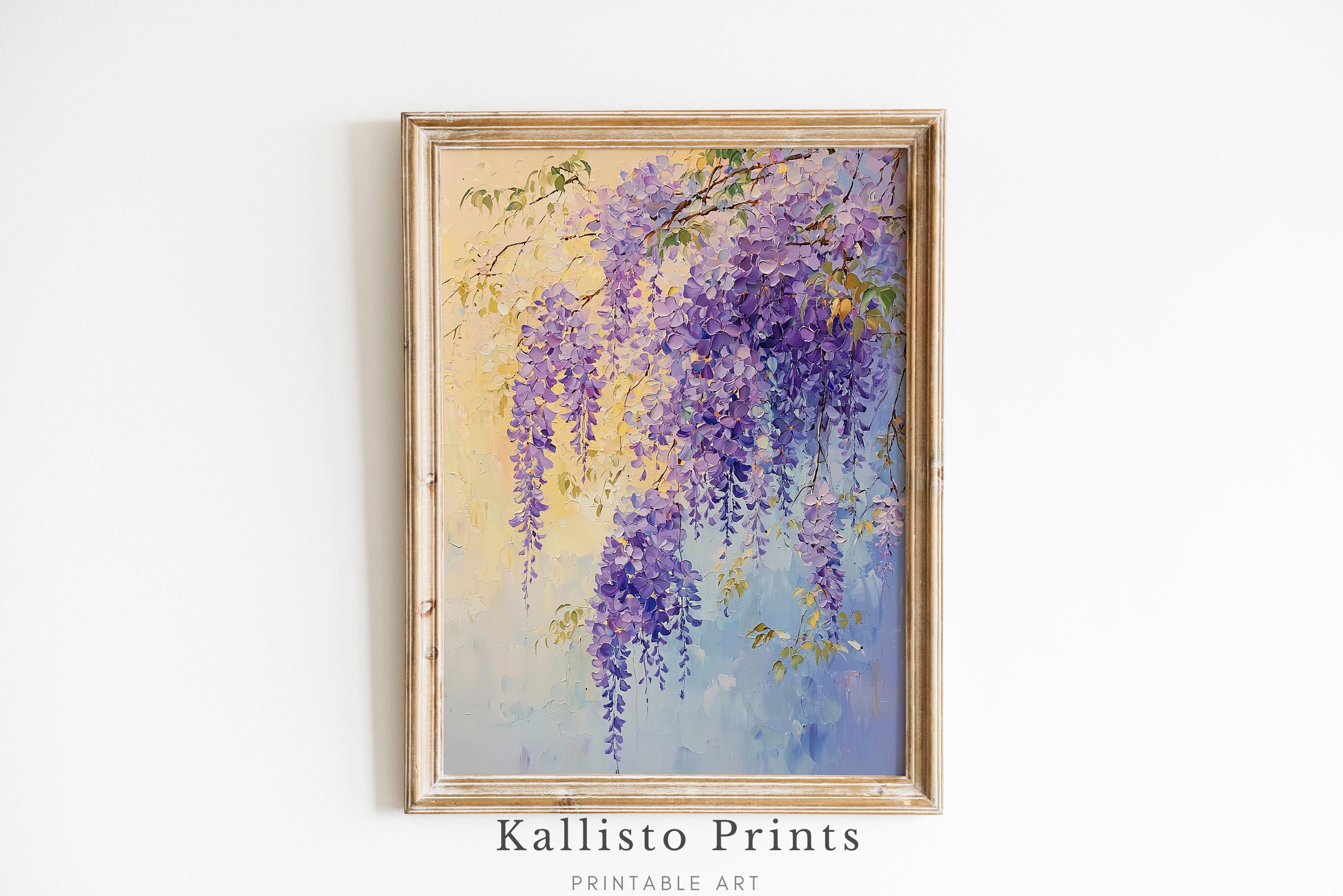 紫の藤の花柄プリント、パステルカラーのボタニカルウォールアート