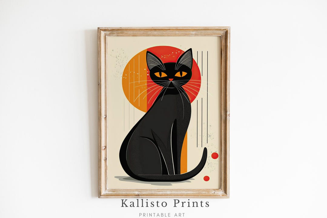 Mid Century Modern Black Cat Art Print, Retro Minimalist Decor (digital ...