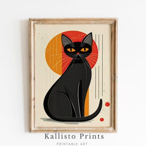 Mid Century Modern Black Cat Art Print, Retro Minimalist Decor (digital ...