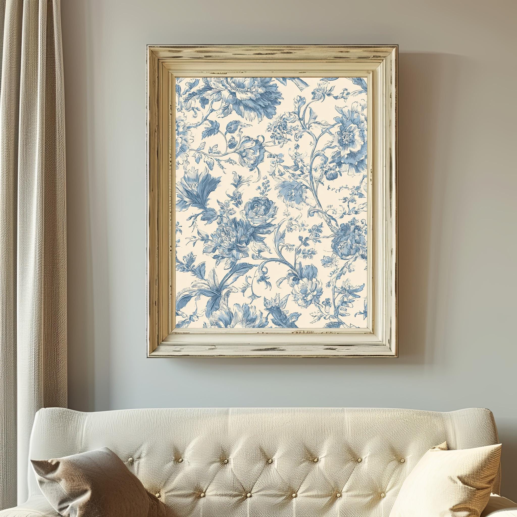 Blue Toile Floral Wall Art Download – French Country Botanical Print ...