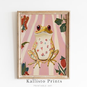 Vintage Blumen Frosch Kunstdruck, wunderliche Frosch Malerei, Cottagecore Tier-Dekor, spielerische botanische Frosch Illustration 966