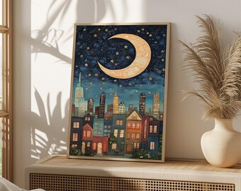 Moonlit Cityscape Print, Celestial Night Sky Wall Art (Digital Download)