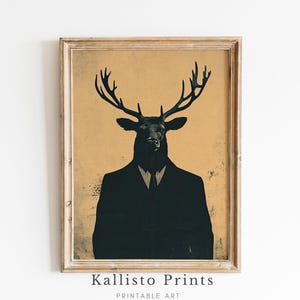 Impressão de arte de terno de veado, retrato de veado antropomórfico, decoração de arte de parede de animal de estilo vintage /415