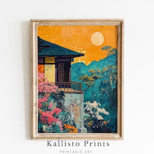 Japanese Moonlit Garden Print, Tranquil Zen Art, Traditional Asian Landscape, Serene Nature Wall Decor, Digital Painting,907